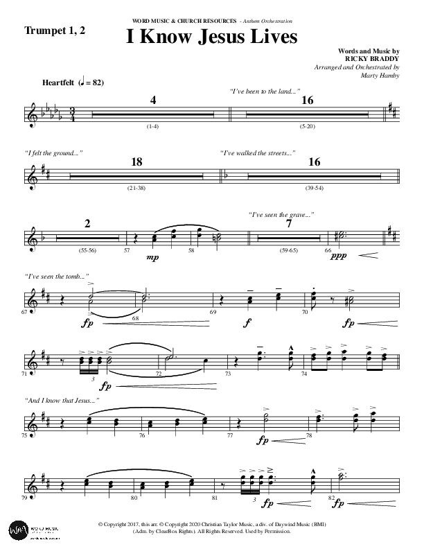 I Know Jesus Lives (Choral Anthem SATB) Trumpet 1,2 (Word Music Choral / Arr. Marty Hamby)