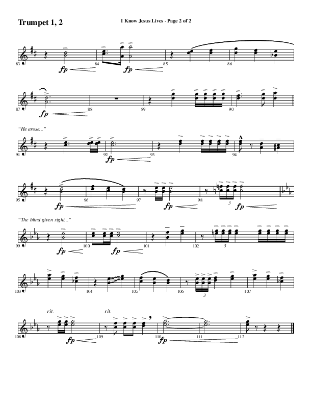 I Know Jesus Lives (Choral Anthem SATB) Trumpet 1,2 (Word Music Choral / Arr. Marty Hamby)