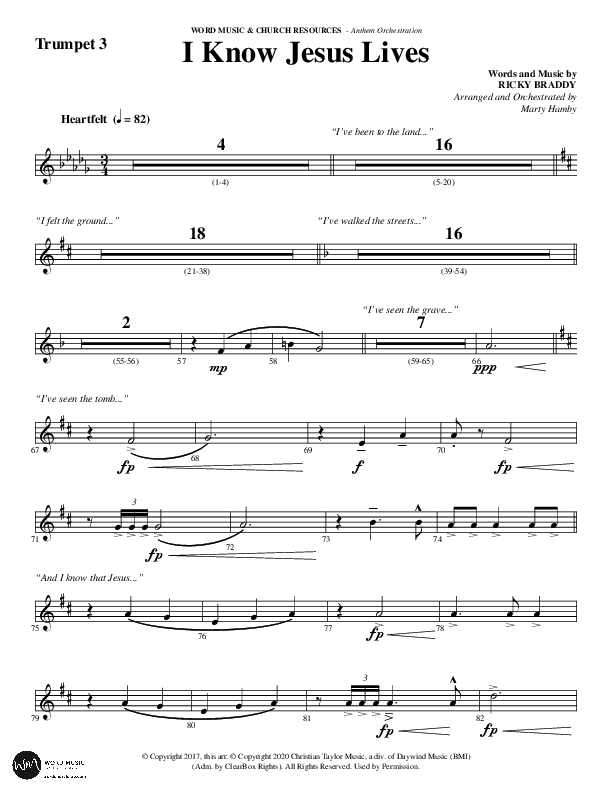 I Know Jesus Lives (Choral Anthem SATB) Trumpet 3 (Word Music Choral / Arr. Marty Hamby)