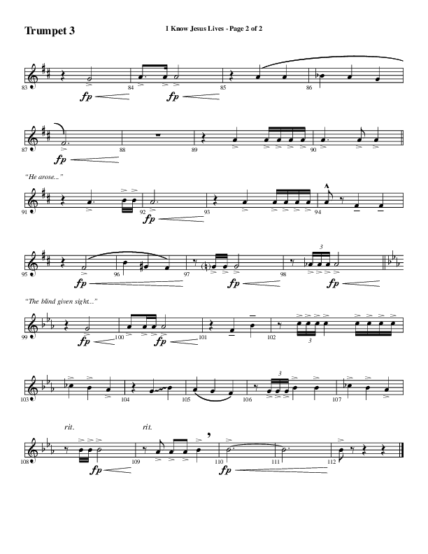 I Know Jesus Lives (Choral Anthem SATB) Trumpet 3 (Word Music Choral / Arr. Marty Hamby)