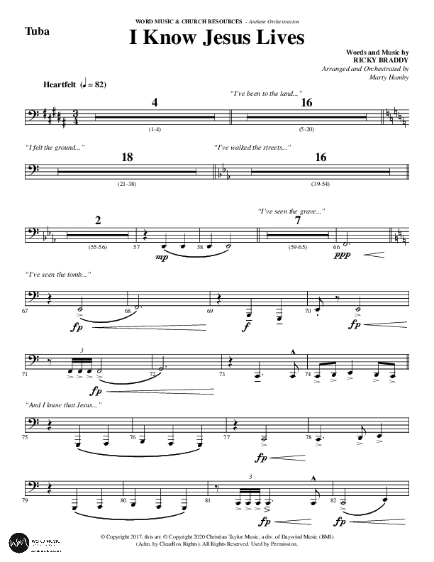 I Know Jesus Lives (Choral Anthem SATB) Tuba (Word Music Choral / Arr. Marty Hamby)