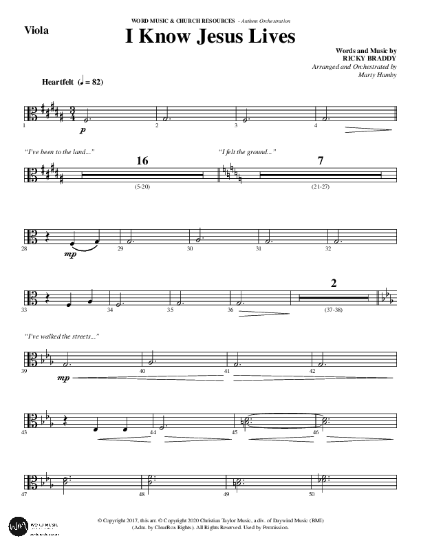 I Know Jesus Lives (Choral Anthem SATB) Viola (Word Music Choral / Arr. Marty Hamby)