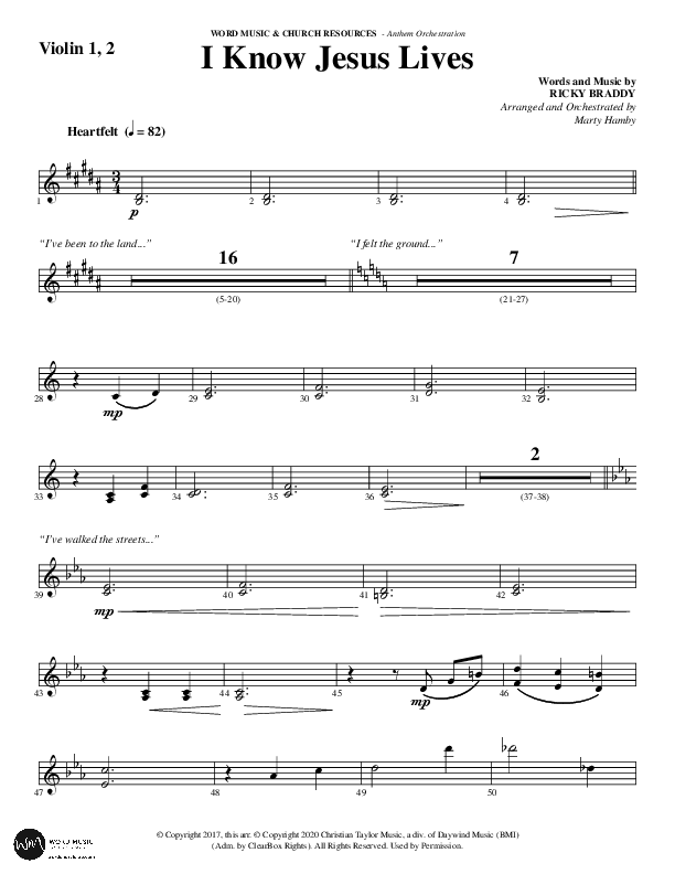 I Know Jesus Lives (Choral Anthem SATB) Violin 1/2 (Word Music Choral / Arr. Marty Hamby)