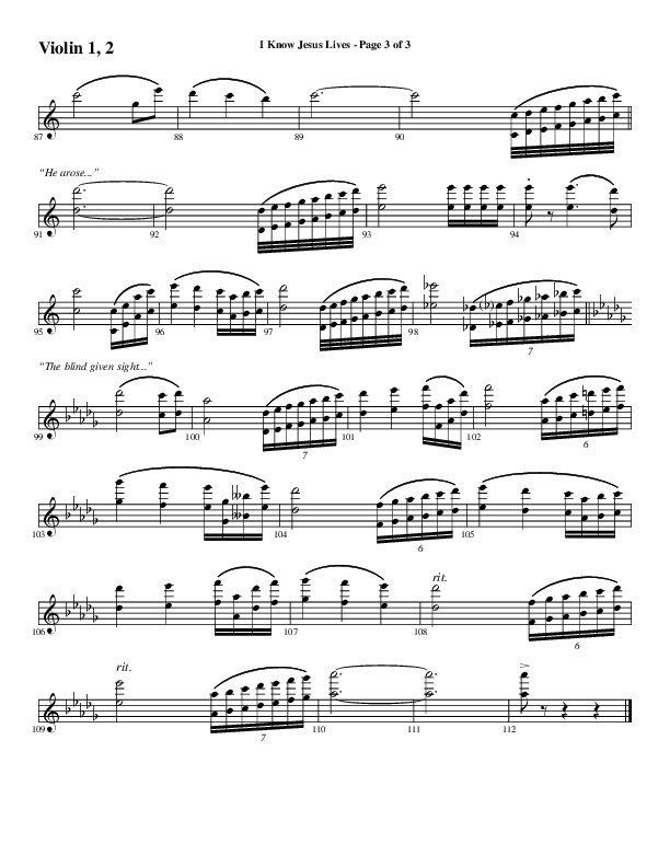 I Know Jesus Lives (Choral Anthem SATB) Violin 1/2 (Word Music Choral / Arr. Marty Hamby)
