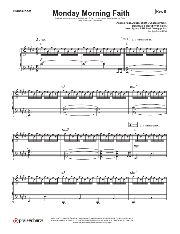 Monday Morning Faith (Studio) Piano Sheet (SEU Worship / Tiffany Hudson)