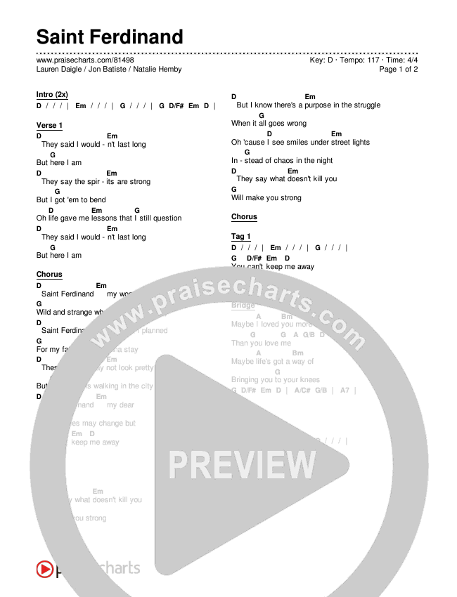 Saint Ferdinand Chords & Lyrics (Lauren Daigle / Jon Batiste / Natalie Hemby)