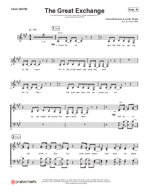 The Great Exchange (Live) Choir Sheet (SATB) (Justin Tweito)