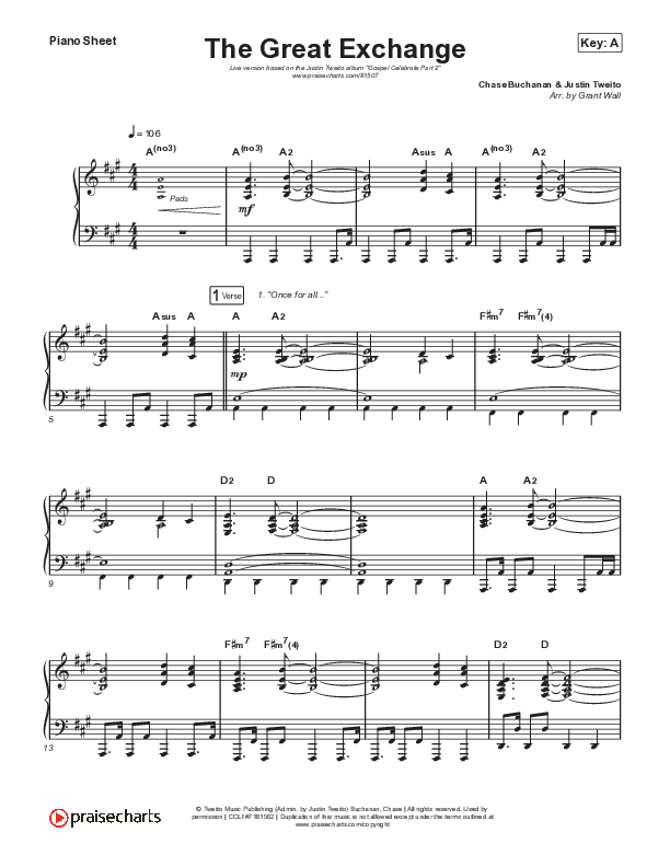 The Great Exchange (Live) Piano Sheet (Justin Tweito)