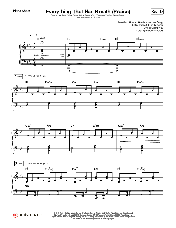 Everything That Has Breath (Praise) (Live) Piano Sheet (Jesus Culture / Bryan Torwalt / Katie Torwalt)