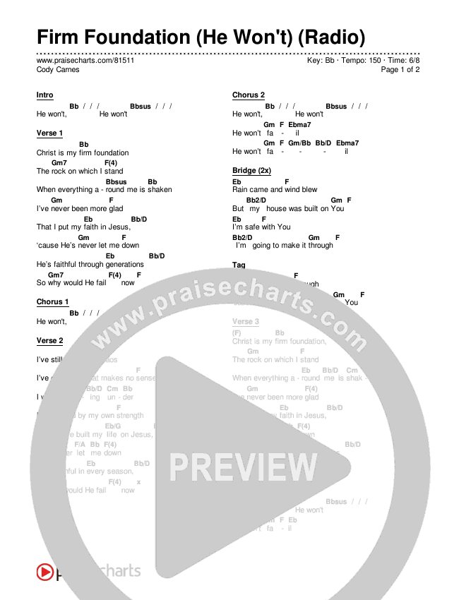 Firm Foundation (He Won't) (Radio) Chords & Lyrics (Cody Carnes)