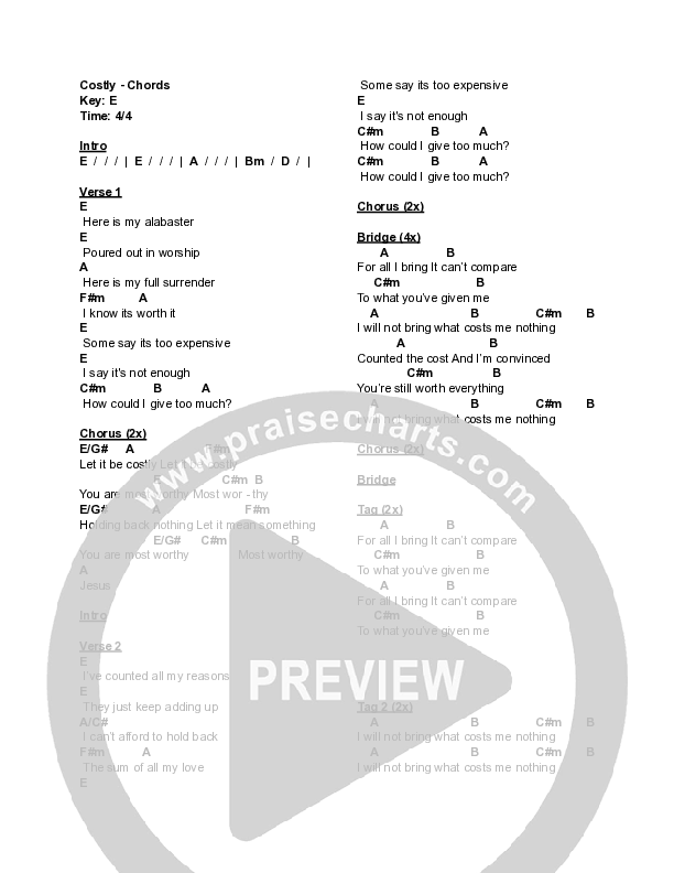 Costly (Live) Chord Chart (Naomi Raine)