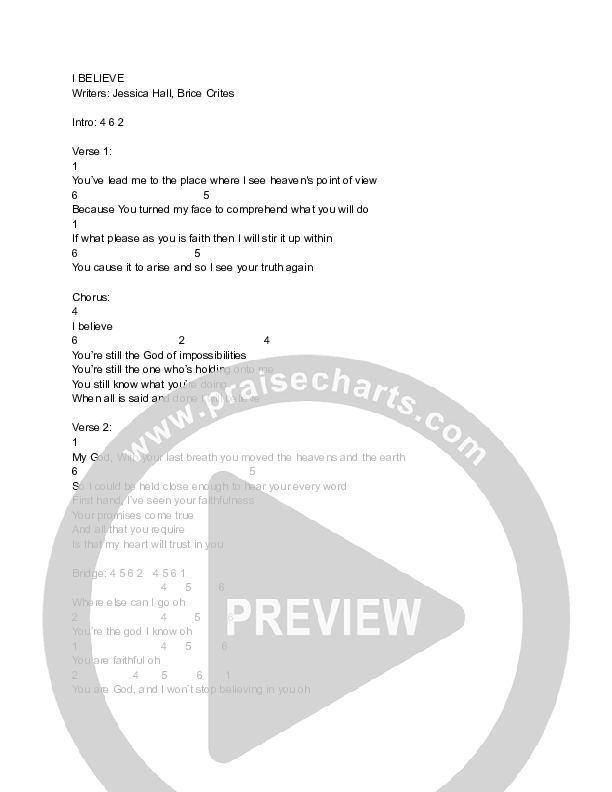 I Believe Chord Chart (The Bluejay House / Jess Hall)