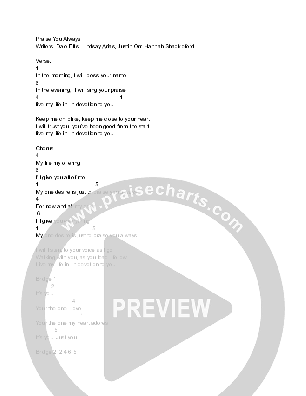 Praise You Always Chord Chart (The Bluejay House / Lindsay Arias)