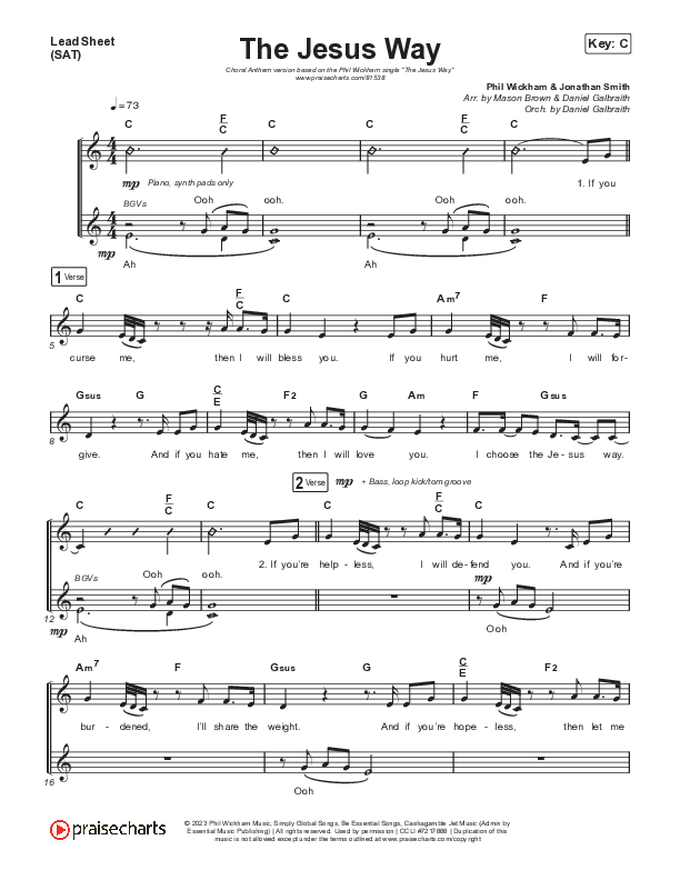 The Jesus Way (Choral Anthem SATB) Lead Sheet (SAT) (Phil Wickham / Arr. Mason Brown)