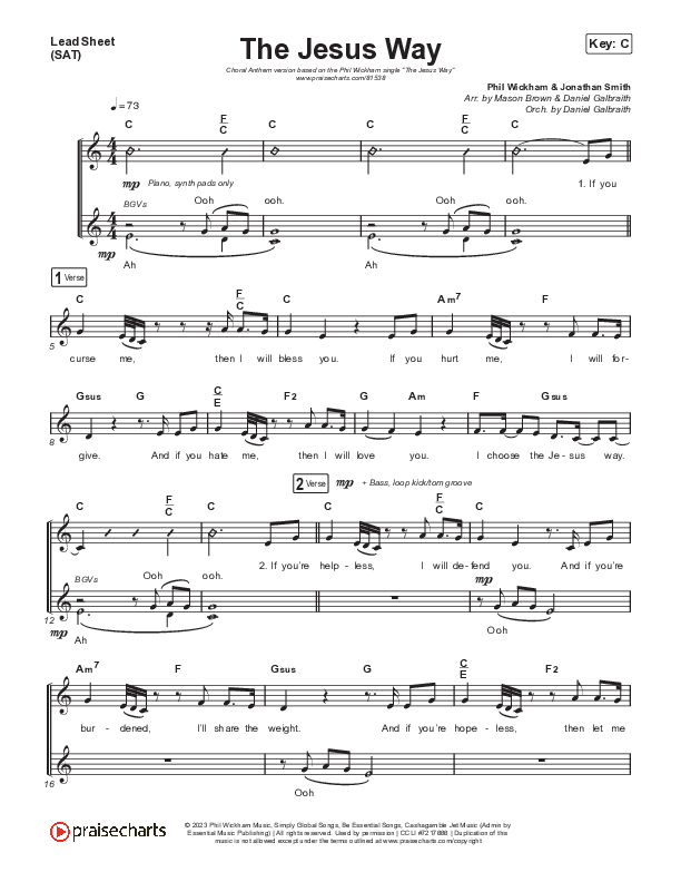 The Jesus Way (Choral Anthem SATB) Lead Sheet (SAT) (Phil Wickham / Arr. Mason Brown)