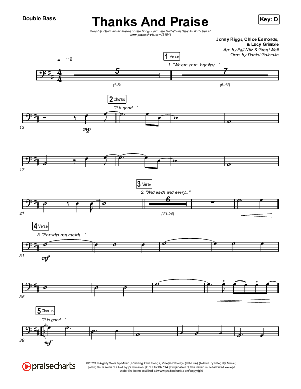 Thanks And Praise (Worship Choir/SAB) Double Bass (Songs From The Soil / Lucy Grimble / Philippa Hanna / Rich DiCas / Arr. Phil Nitz)