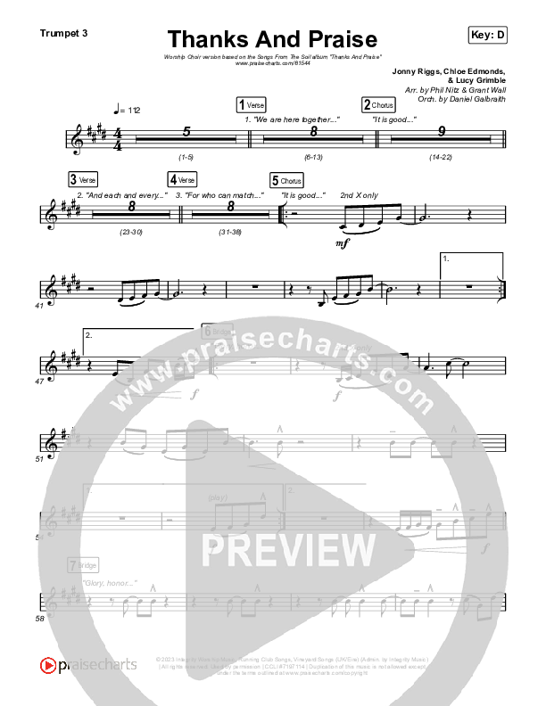 Thanks And Praise (Worship Choir/SAB) Trumpet 3 (Songs From The Soil / Lucy Grimble / Philippa Hanna / Rich DiCas / Arr. Phil Nitz)