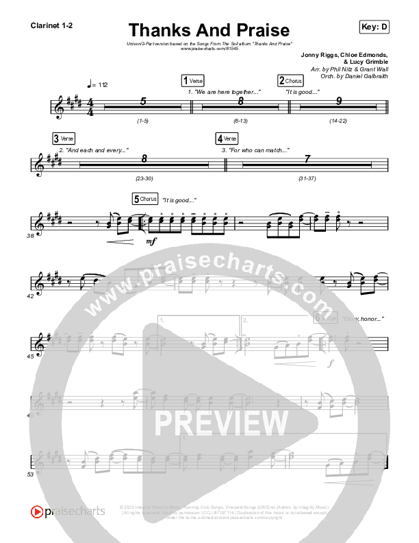 Thanks And Praise (Unison/2-Part) Clarinet 1/2 (Songs From The Soil / Lucy Grimble / Philippa Hanna / Rich DiCas / Arr. Phil Nitz)