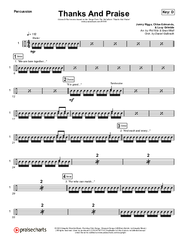 Thanks And Praise (Unison/2-Part) Percussion (Songs From The Soil / Lucy Grimble / Philippa Hanna / Rich DiCas / Arr. Phil Nitz)