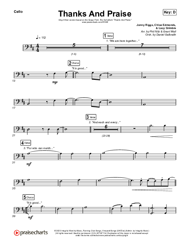 Thanks And Praise (Sing It Now) Cello (Songs From The Soil / Lucy Grimble / Philippa Hanna / Rich DiCas / Arr. Phil Nitz)