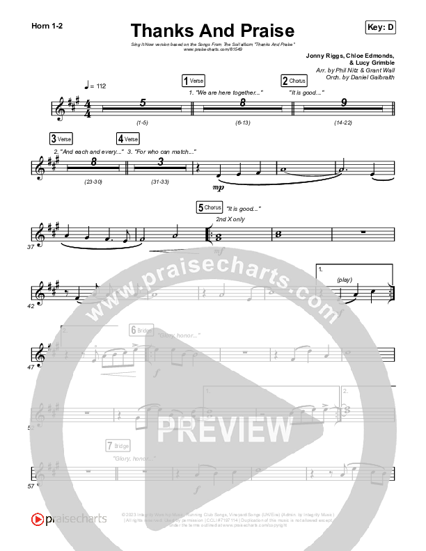 Thanks And Praise (Sing It Now) French Horn 1/2 (Songs From The Soil / Lucy Grimble / Philippa Hanna / Rich DiCas / Arr. Phil Nitz)