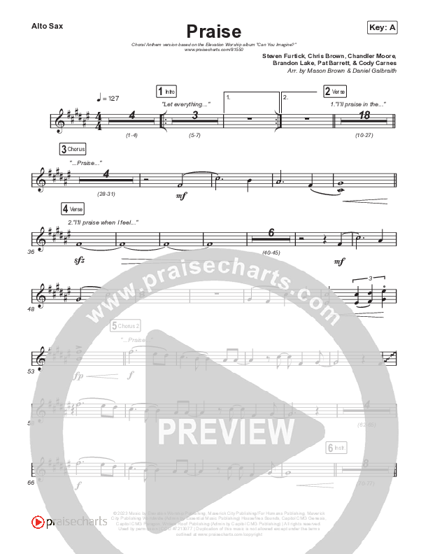Praise (Choral Anthem SATB) Alto Sax (Elevation Worship / Chris Brown / Brandon Lake / Chandler Moore / Arr. Mason Brown)