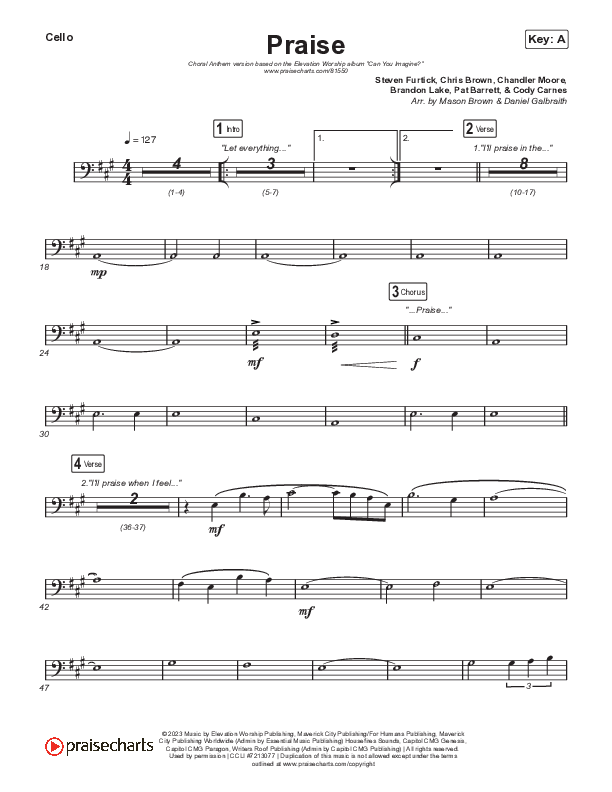 Praise (Choral Anthem SATB) Cello (Elevation Worship / Chris Brown / Brandon Lake / Chandler Moore / Arr. Mason Brown)