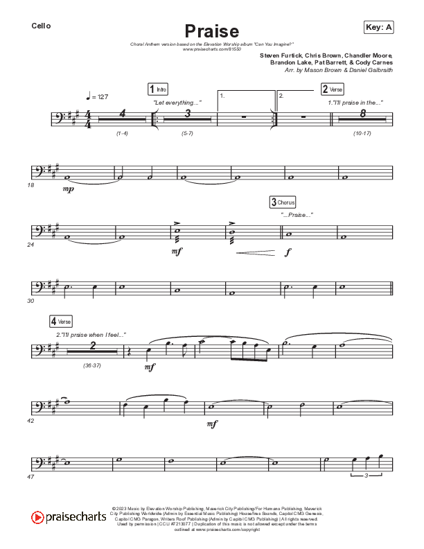 Praise (Choral Anthem SATB) Cello (Elevation Worship / Chris Brown / Brandon Lake / Chandler Moore / Arr. Mason Brown)