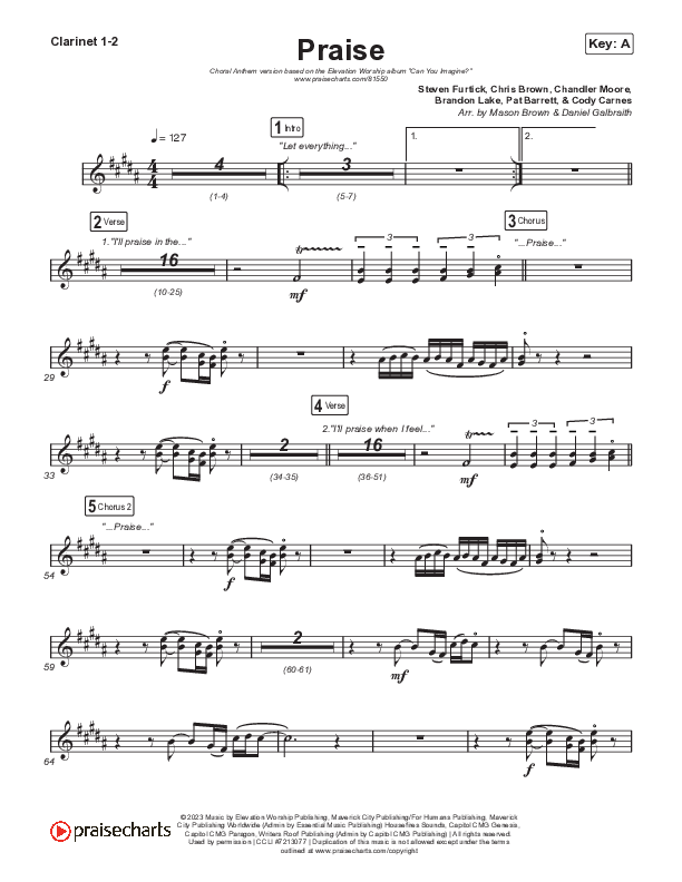 Praise (Choral Anthem SATB) Clarinet 1,2 (Elevation Worship / Chris Brown / Brandon Lake / Chandler Moore / Arr. Mason Brown)