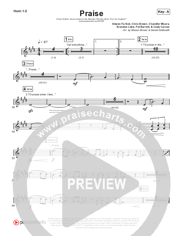 Praise (Choral Anthem SATB) French Horn 1,2 (Elevation Worship / Chris Brown / Brandon Lake / Chandler Moore / Arr. Mason Brown)