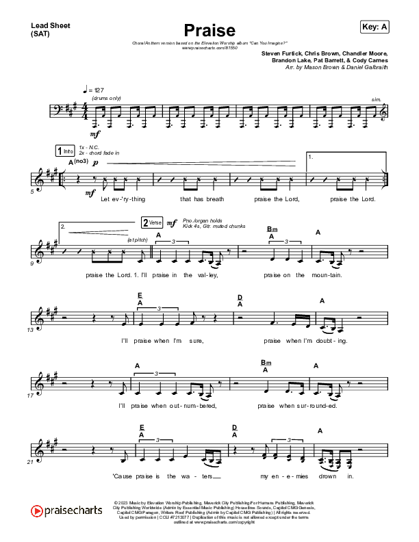 Praise (Choral Anthem SATB) Lead Sheet (SAT) (Elevation Worship / Chris Brown / Brandon Lake / Chandler Moore / Arr. Mason Brown)