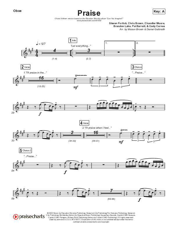 Praise (Choral Anthem SATB) Oboe (Elevation Worship / Chris Brown / Brandon Lake / Chandler Moore / Arr. Mason Brown)