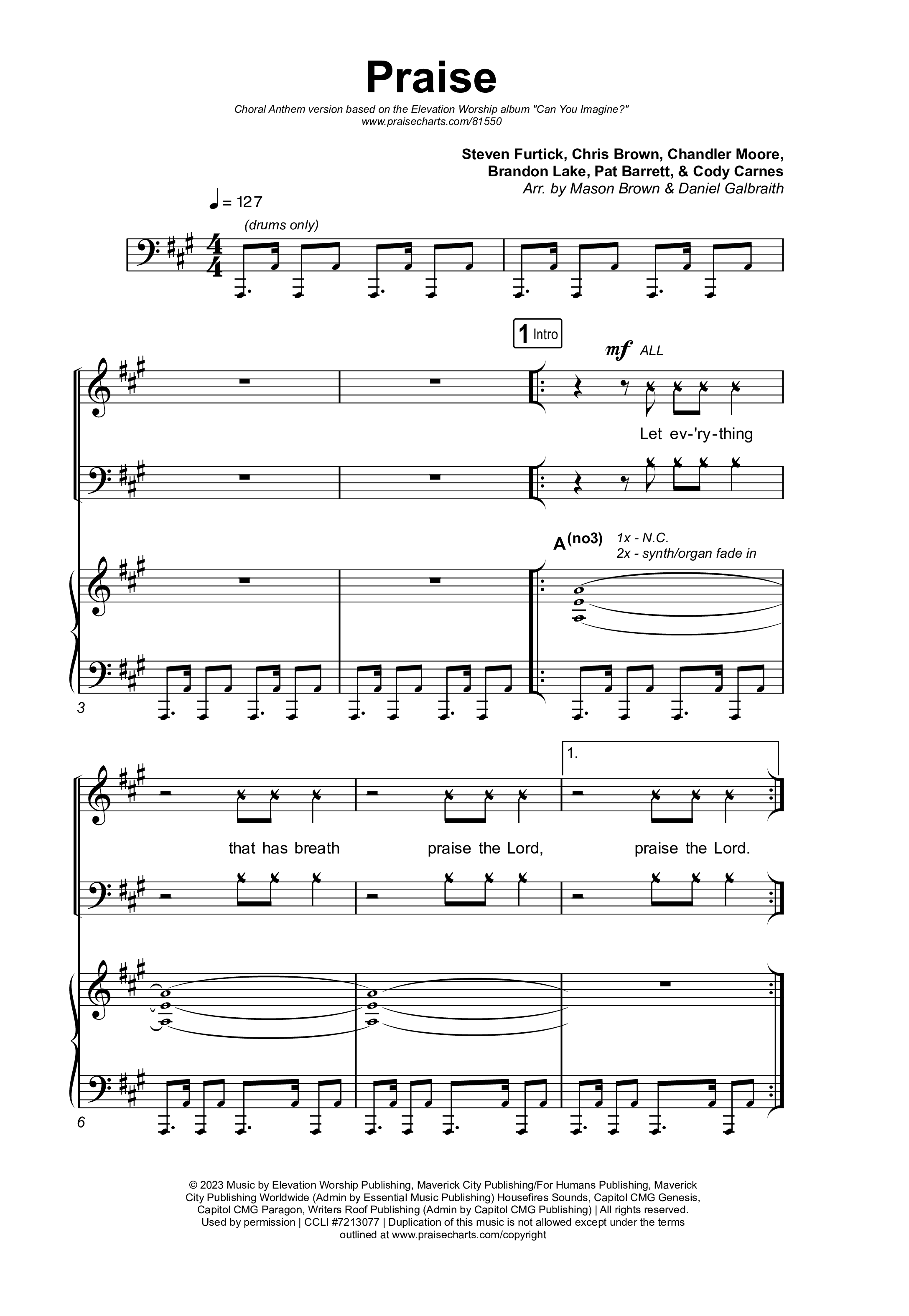 Praise (Choral Anthem SATB) Octavo (SATB & Pno) (Elevation Worship / Chris Brown / Brandon Lake / Chandler Moore / Arr. Mason Brown)