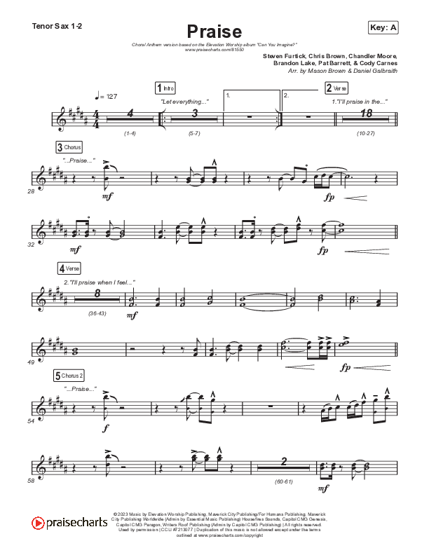 Praise (Choral Anthem SATB) Tenor Sax 1,2 (Elevation Worship / Chris Brown / Brandon Lake / Chandler Moore / Arr. Mason Brown)
