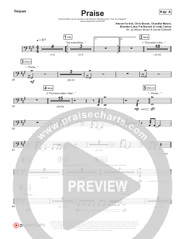 Praise (Choral Anthem SATB) Timpani (Elevation Worship / Chris Brown / Brandon Lake / Chandler Moore / Arr. Mason Brown)