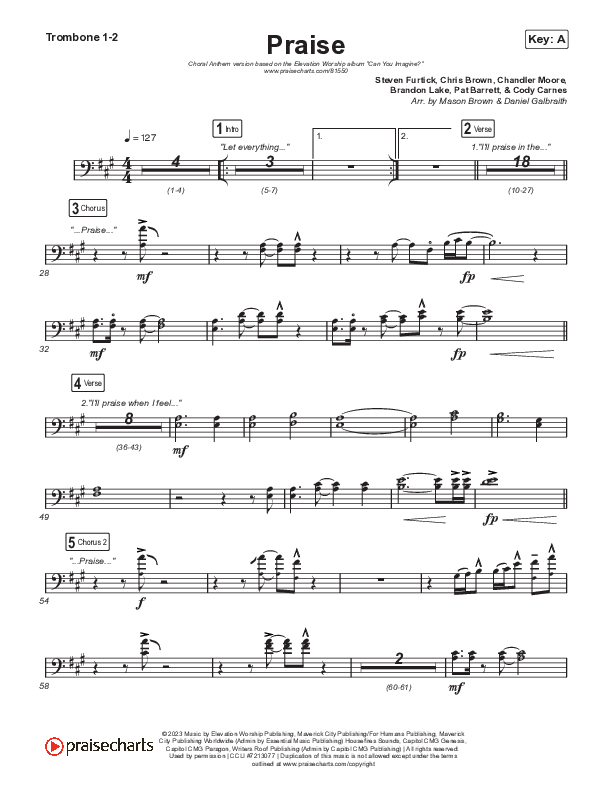 Praise (Choral Anthem SATB) Trombone 1/2 (Elevation Worship / Chris Brown / Brandon Lake / Chandler Moore / Arr. Mason Brown)