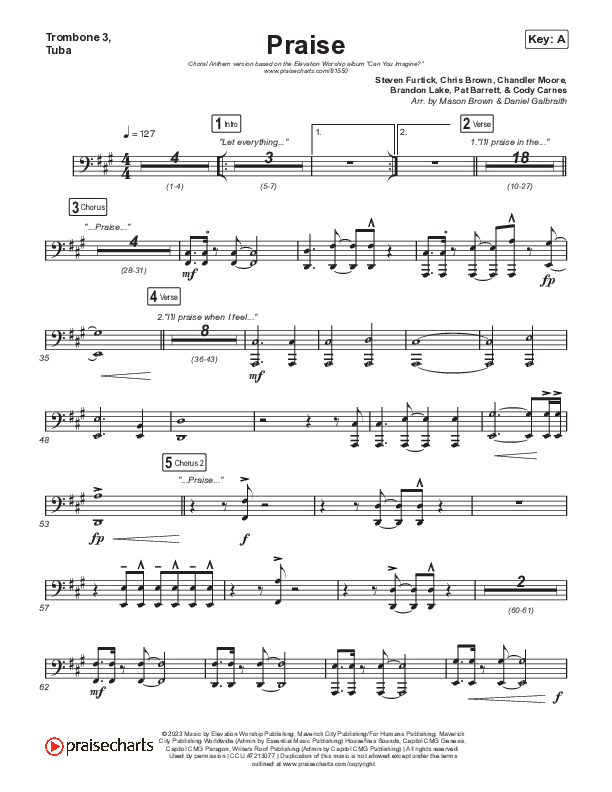 Praise (Choral Anthem SATB) Trombone 3/Tuba (Elevation Worship / Chris Brown / Brandon Lake / Chandler Moore / Arr. Mason Brown)