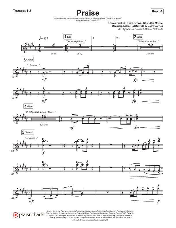 Praise (Choral Anthem SATB) Trumpet 1,2 (Elevation Worship / Chris Brown / Brandon Lake / Chandler Moore / Arr. Mason Brown)