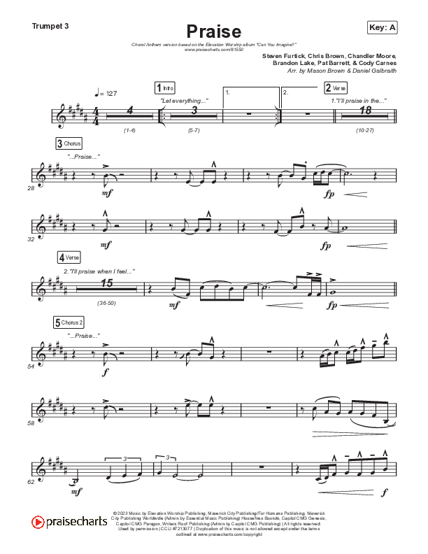Praise (Choral Anthem SATB) Trumpet 3 (Elevation Worship / Chris Brown / Brandon Lake / Chandler Moore / Arr. Mason Brown)