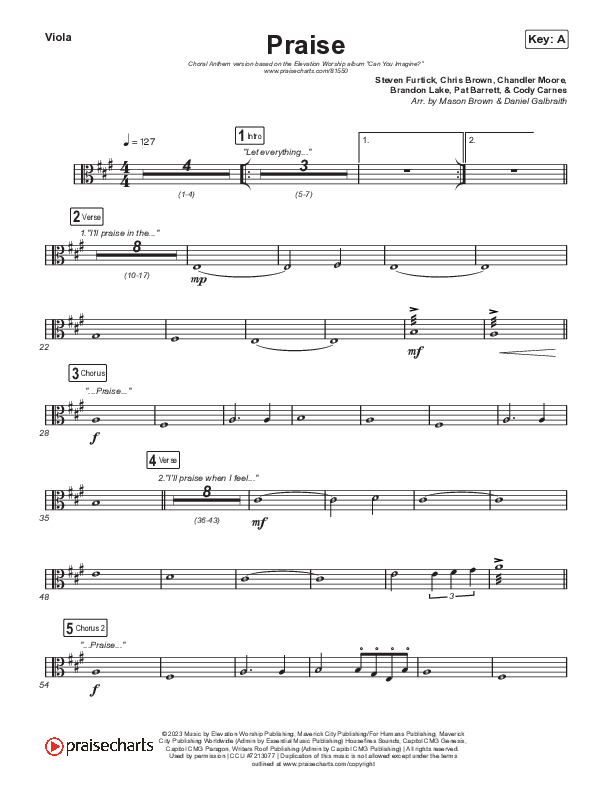 Praise (Choral Anthem SATB) Viola (Elevation Worship / Chris Brown / Brandon Lake / Chandler Moore / Arr. Mason Brown)