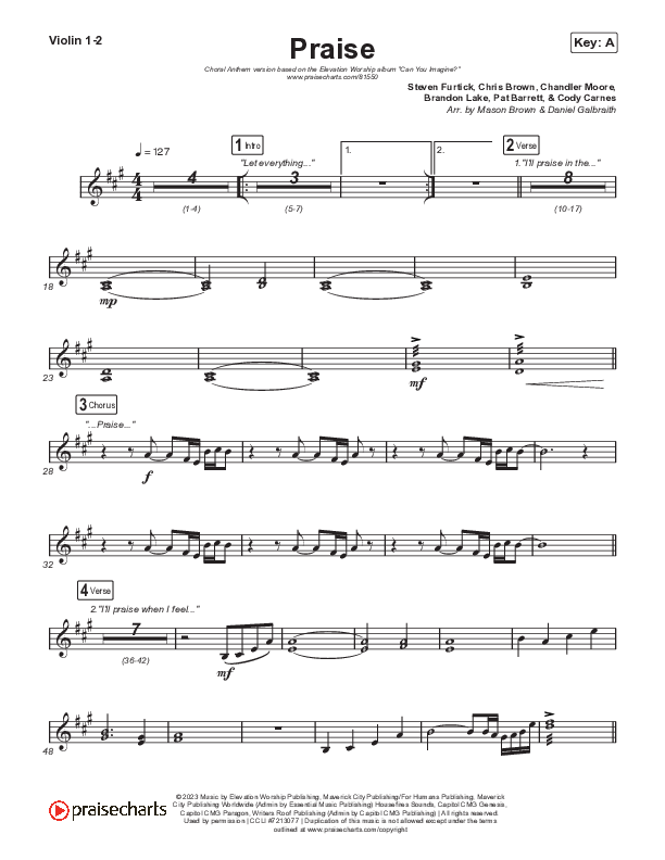Praise (Choral Anthem SATB) Violin 1,2 (Elevation Worship / Chris Brown / Brandon Lake / Chandler Moore / Arr. Mason Brown)