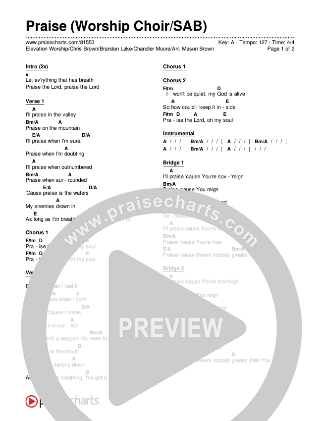 Praise (Worship Choir/SAB) Chords & Lyrics (Elevation Worship / Chris Brown / Brandon Lake / Chandler Moore / Arr. Mason Brown)