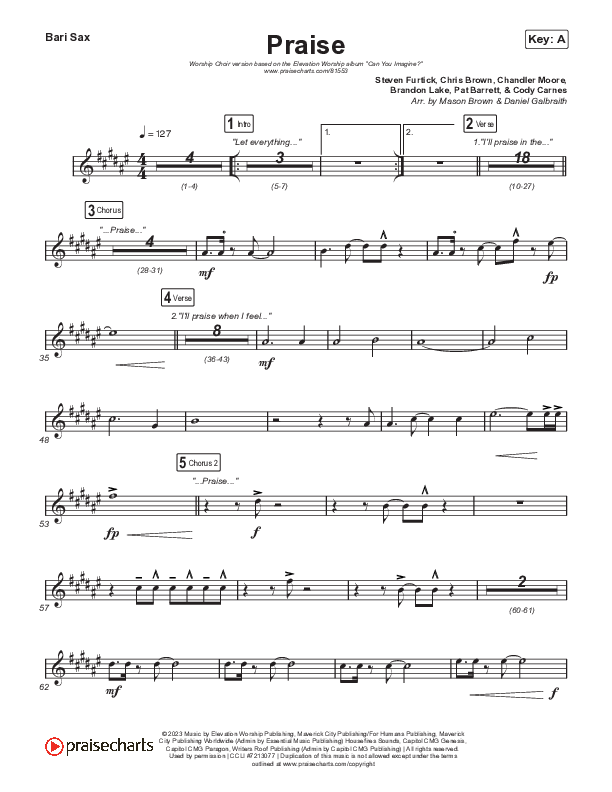 Praise (Worship Choir/SAB) Bari Sax (Elevation Worship / Chris Brown / Brandon Lake / Chandler Moore / Arr. Mason Brown)