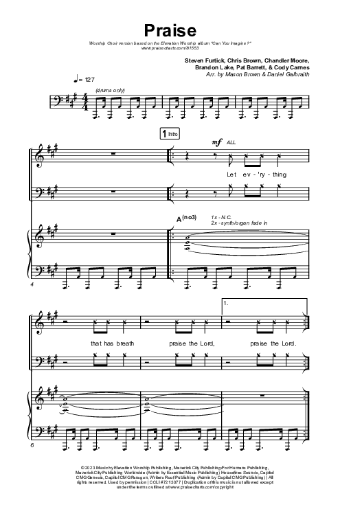 Praise (Worship Choir/SAB) Octavo (SAB & Pno) (Elevation Worship / Chris Brown / Brandon Lake / Chandler Moore / Arr. Mason Brown)