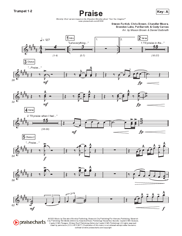 Praise (Worship Choir/SAB) Trumpet 1,2 (Elevation Worship / Chris Brown / Brandon Lake / Chandler Moore / Arr. Mason Brown)