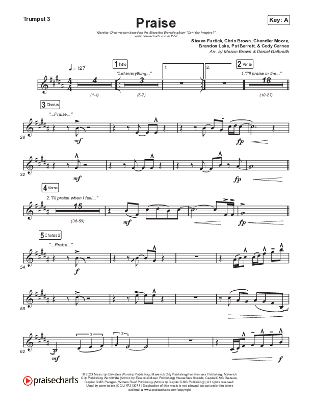 Praise (Worship Choir/SAB) Trumpet 3 (Elevation Worship / Chris Brown / Brandon Lake / Chandler Moore / Arr. Mason Brown)