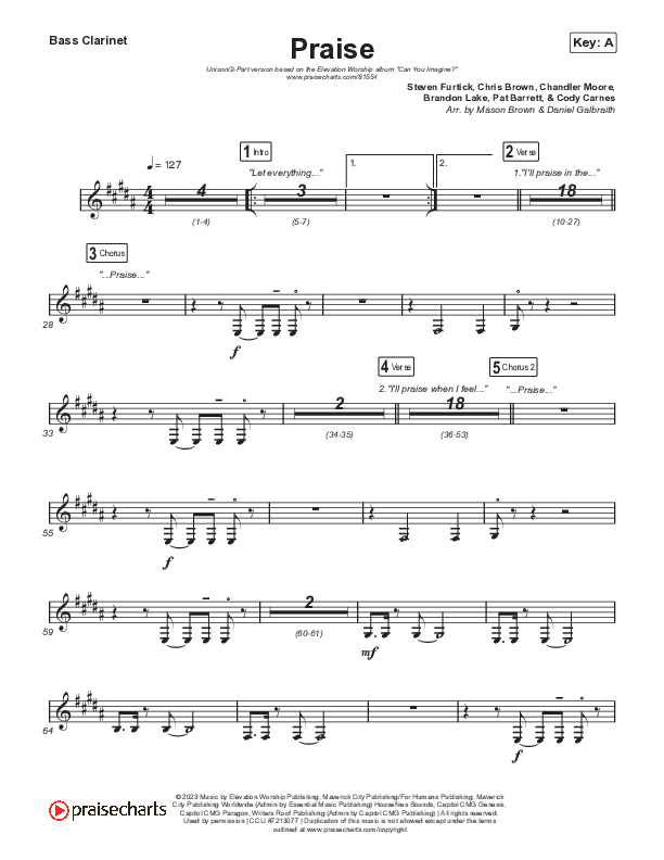Praise (Unison/2-Part) Bass Clarinet (Elevation Worship / Chris Brown / Brandon Lake / Chandler Moore / Arr. Mason Brown)