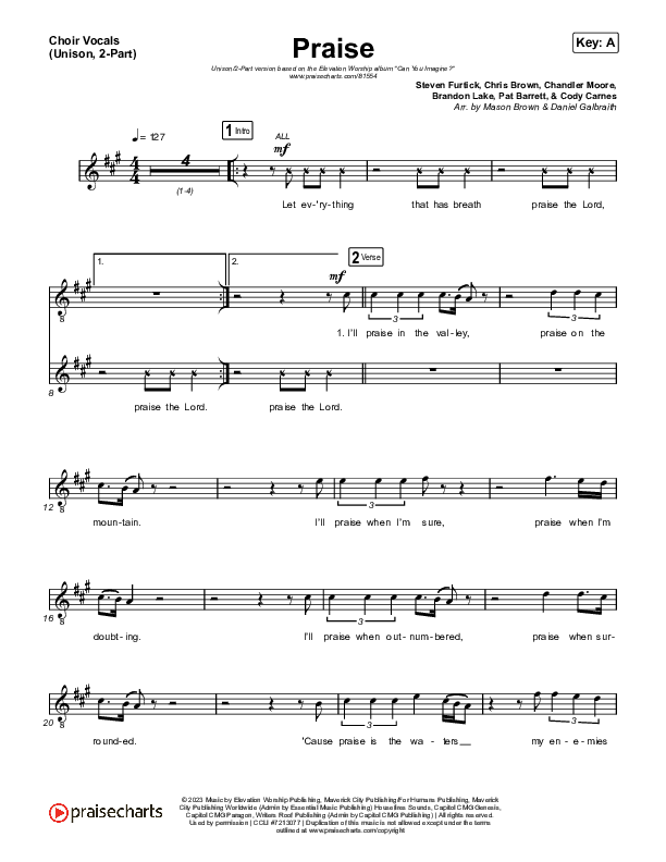 Praise (Unison/2-Part) Choir Vocals (Uni/2-Part) (Elevation Worship / Chris Brown / Brandon Lake / Chandler Moore / Arr. Mason Brown)