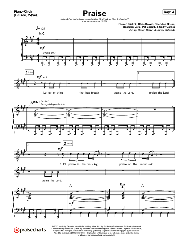 Praise (Unison/2-Part) Piano/Choir  (Uni/2-Part) (Elevation Worship / Chris Brown / Brandon Lake / Chandler Moore / Arr. Mason Brown)