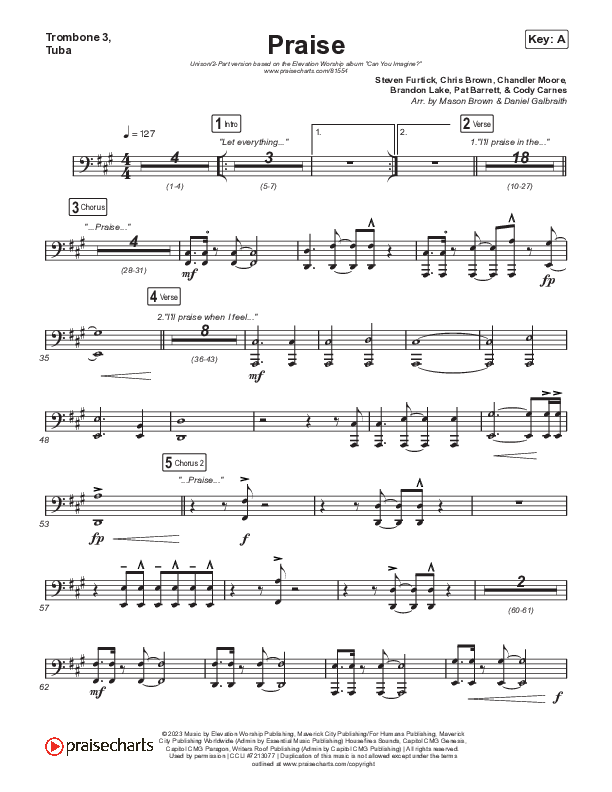 Praise (Unison/2-Part) Trombone 3/Tuba (Elevation Worship / Chris Brown / Brandon Lake / Chandler Moore / Arr. Mason Brown)